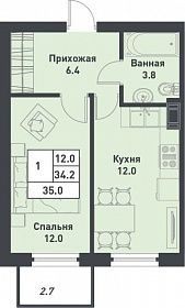 Однокомнатная квартира 35 м²