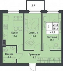 Двухкомнатная квартира 46.1 м²