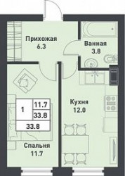Однокомнатная квартира 33.8 м²